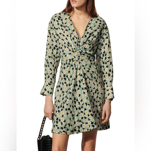 Sandro Angele Ruched Printed Mini Linen Blend Mini Dress S - Picture 14 of 15